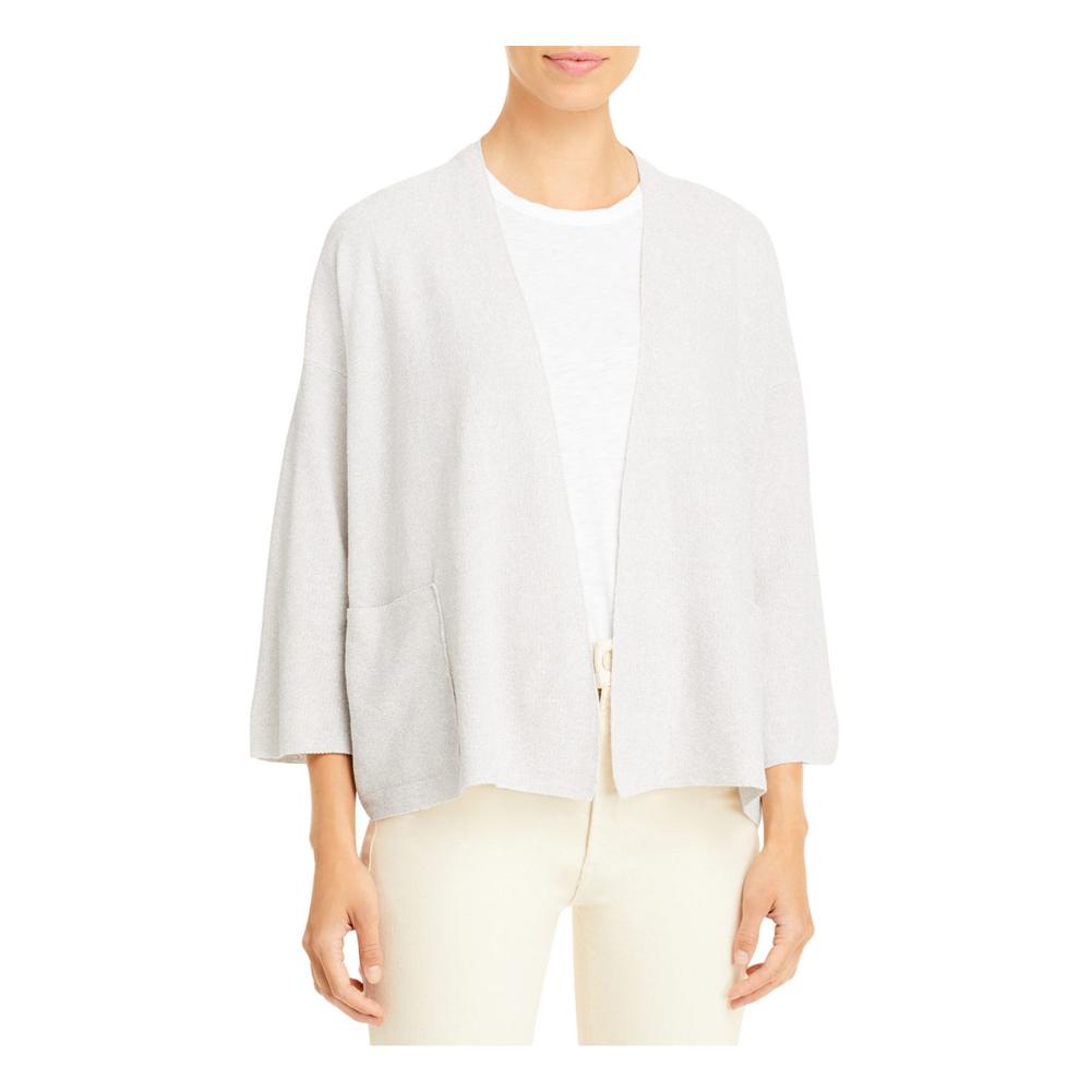 EILEEN FISHER Womens Beige Pocketed Textured Oversized Fit Cardigan 3/4 Sleeve Open Front Wear To Work Sweater M