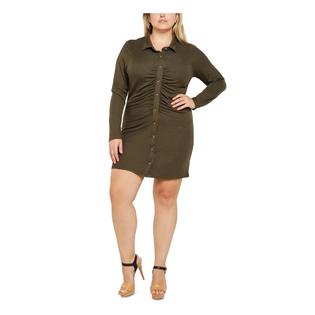 Ultra ULTRA FLIRT Womens Green Ribbed Ruched Button Front Long Sleeve Collared Short Body Con Dress 3X Ultra ULTRA FLIRT Womens Green Ribbed Ruched Button Front Long Sleeve Collared Short Body Con Dress 3X