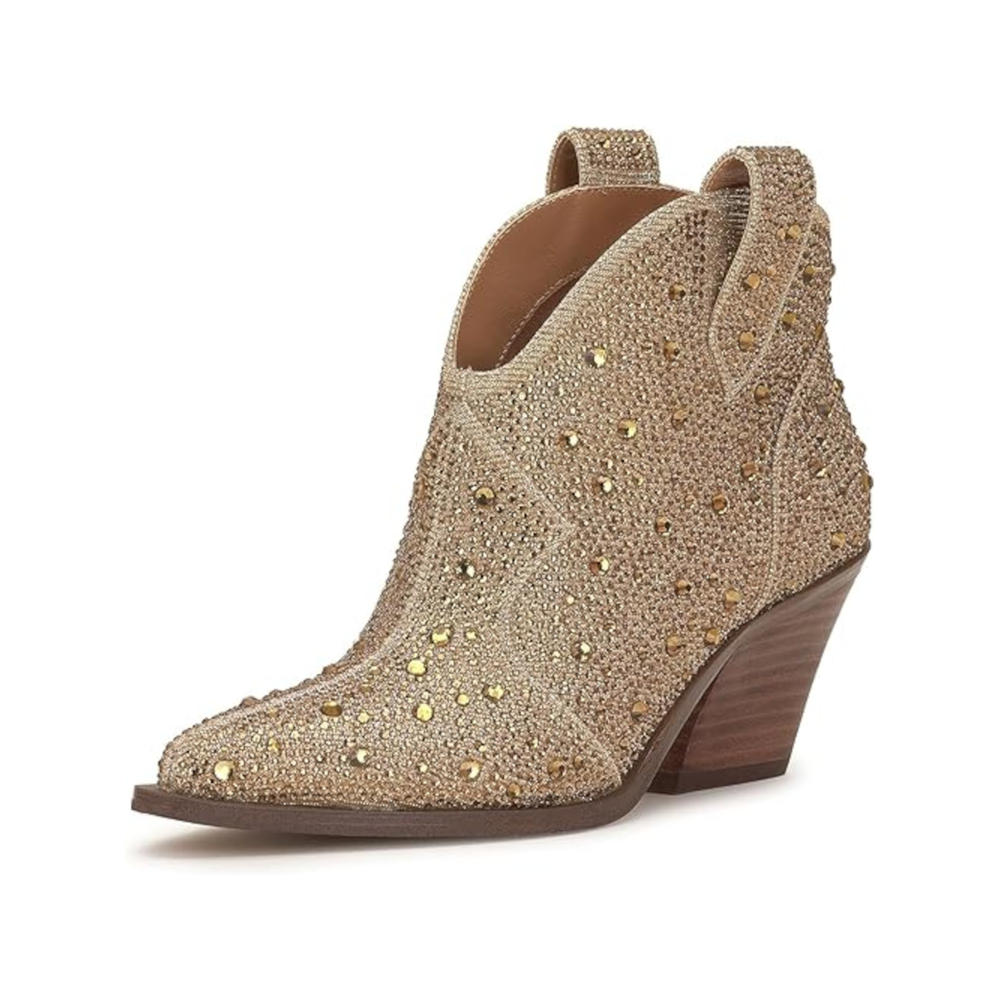 JESSICA SIMPSON Womens Gold Front Notch Embellished Zadie Pointed Toe Stacked Heel Slip On Western Boot 5.5 M