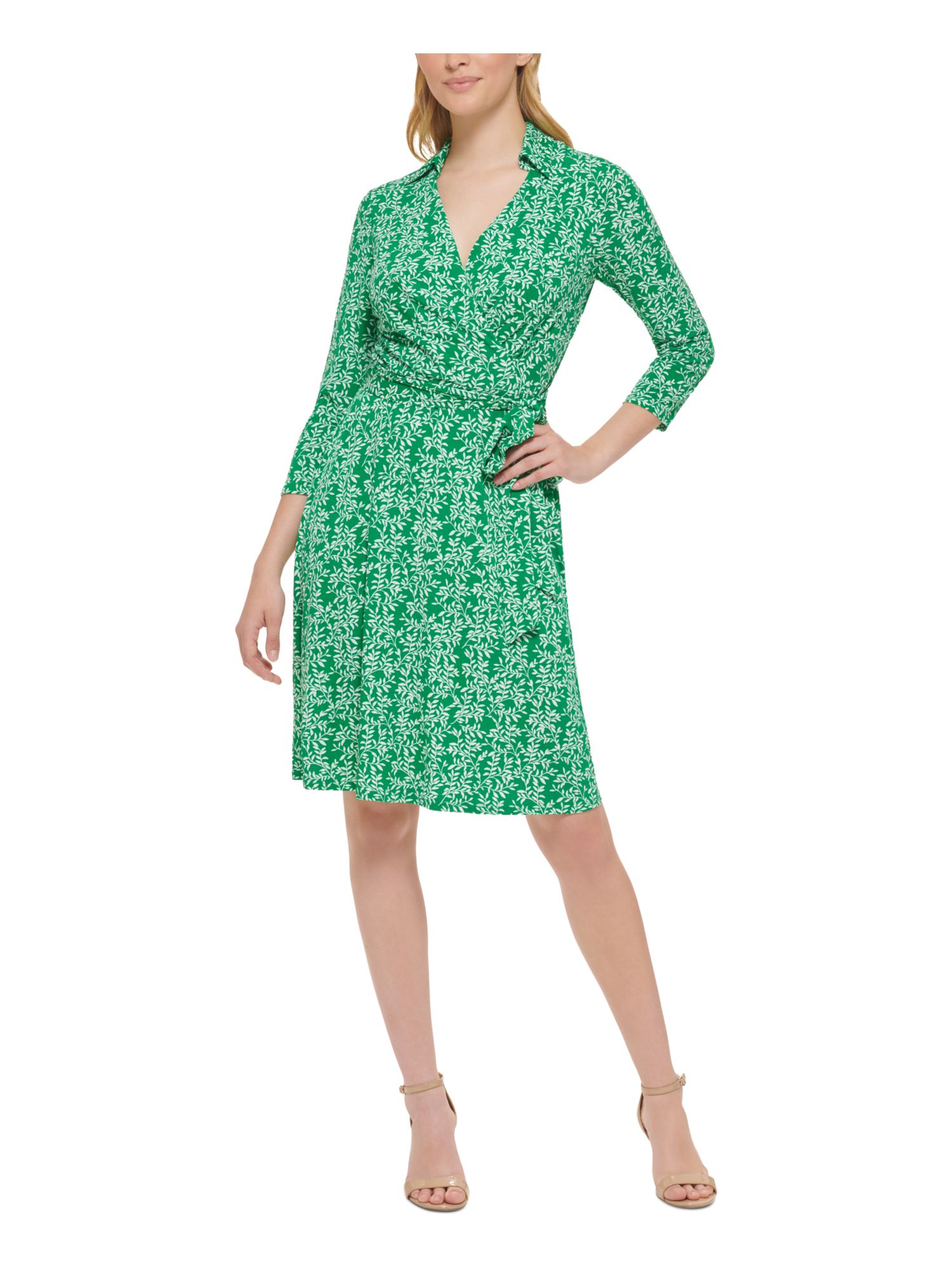 Jessica Carlyle JESSICA HOWARD Womens Green Printed 3/4 Sleeve Point Collar Knee Length Wear To Work Faux Wrap Dress 16