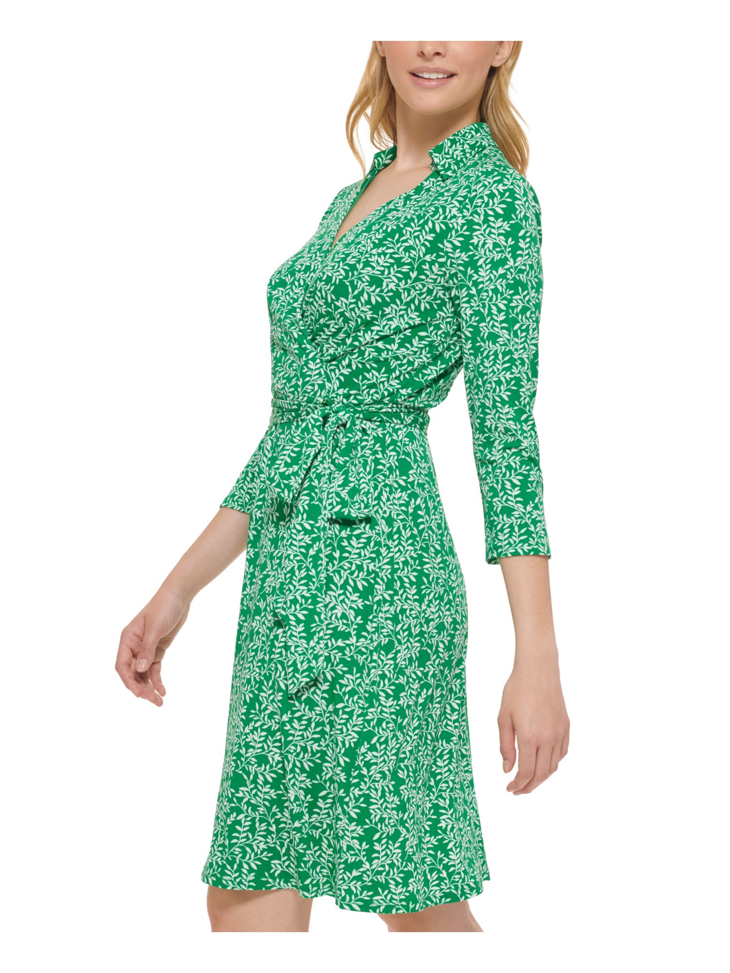 Jessica Carlyle JESSICA HOWARD Womens Green Printed 3/4 Sleeve Point Collar Knee Length Wear To Work Faux Wrap Dress 16