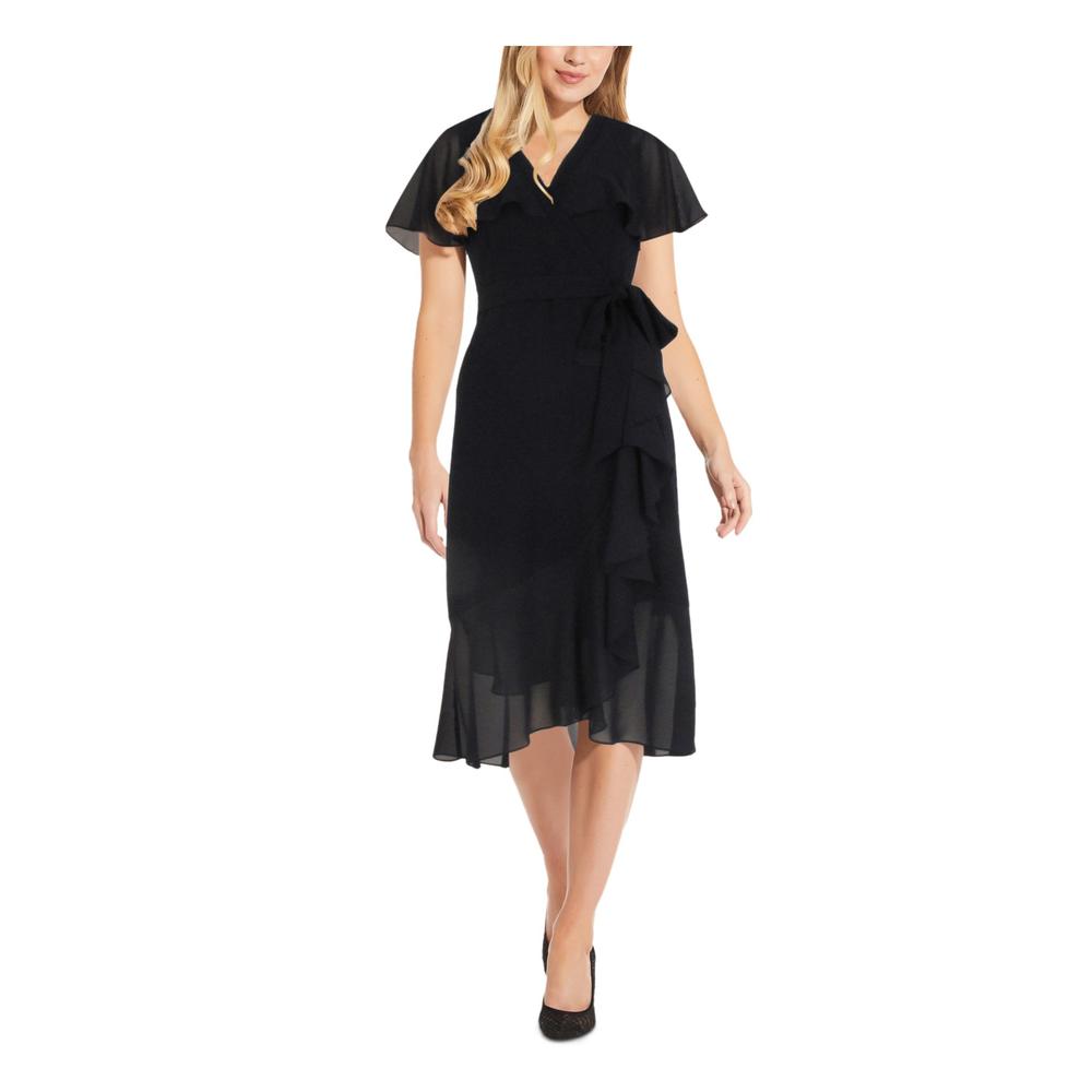 ADRIANNA PAPELL Womens Black Belted Flutter Sleeve Faux Wrap Dress 4