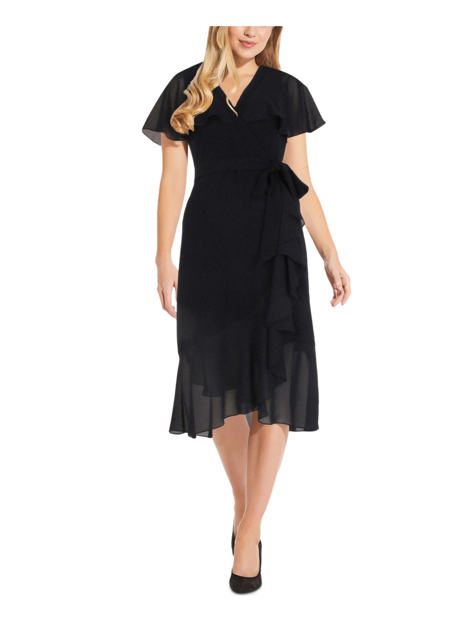ADRIANNA PAPELL Womens Black Belted Flutter Sleeve Faux Wrap Dress 4