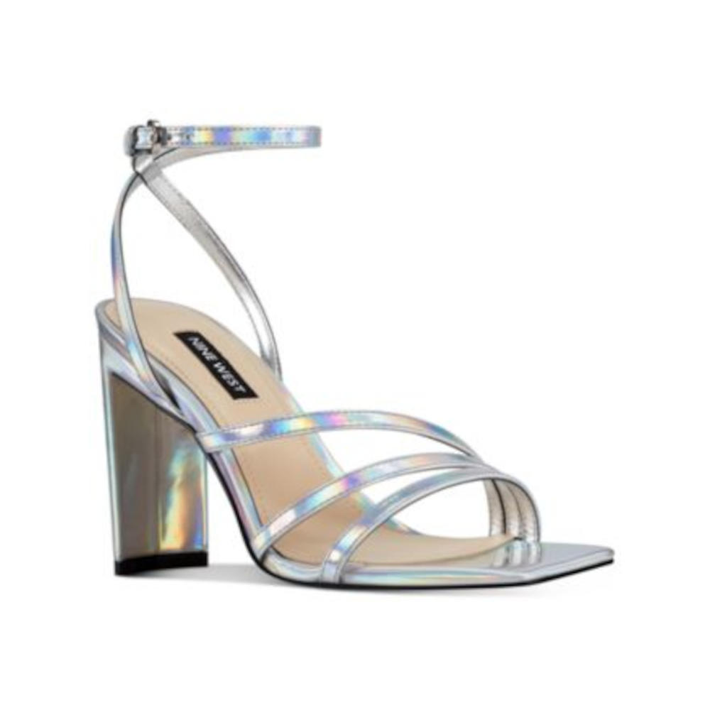 NINE WEST Womens Silver Strappy Cushioned Zelina Square Toe Block Heel Buckle Dress Sandals Shoes 8.5 M