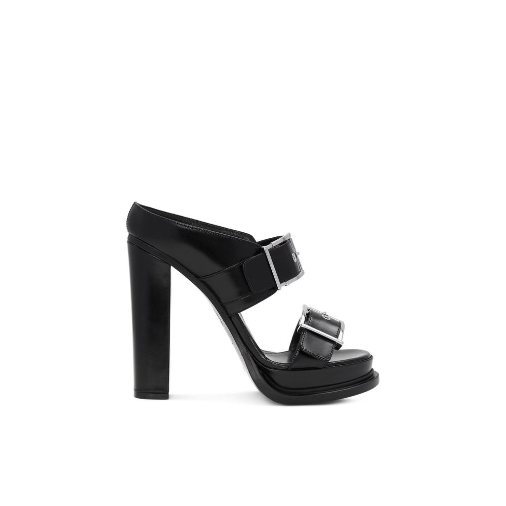 ALEXANDER MCQUEEN Womens Black 1-1/2" Platform Padded Open Toe Block Heel Buckle Leather Heeled Sandal 37