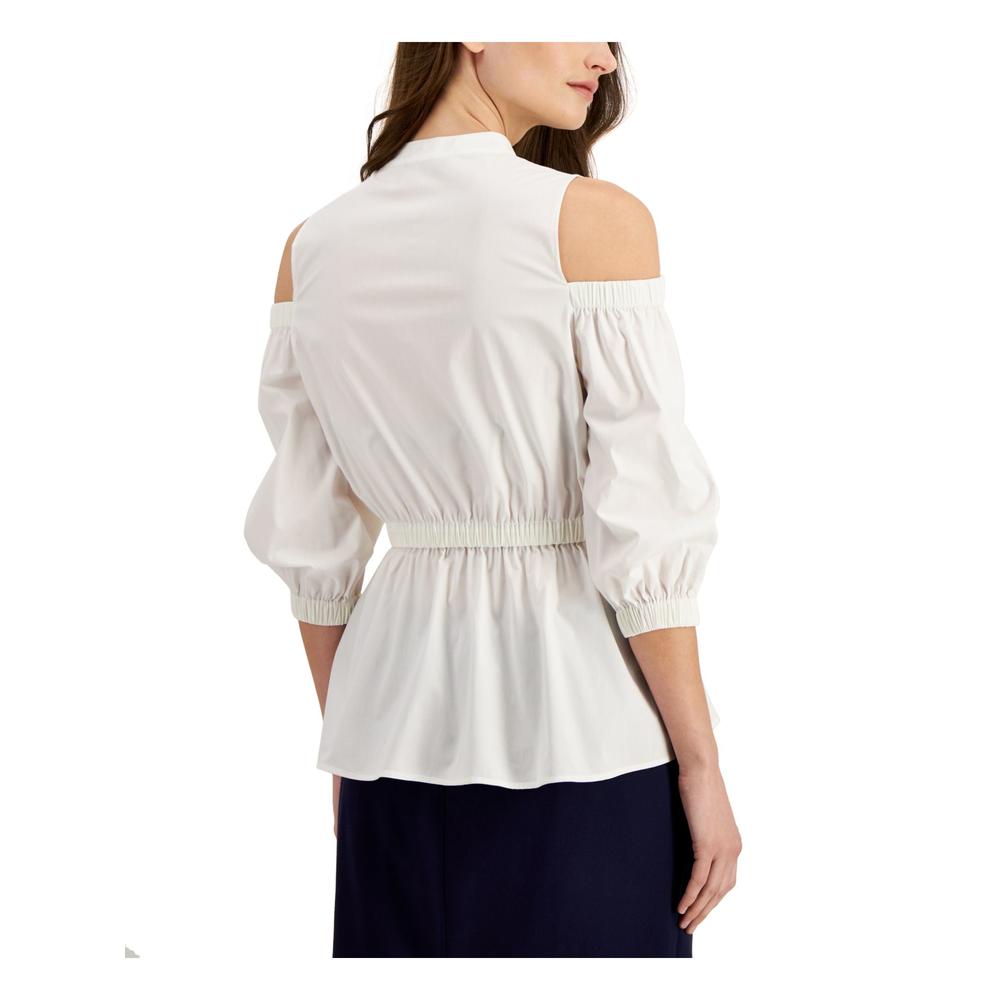 DONNA KARAN Womens White Cold Shoulder Sheer Unlined Pullover 3/4 Sleeve V Neck Peplum Top S