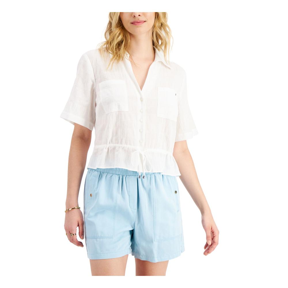 TOMMY HILFIGER Womens White Textured Pocketed Drawstring Waist Short Sleeve Collared Button Up Top M
