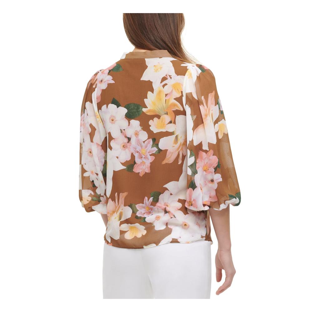 CALVIN KLEIN Womens Beige Ruffled Floral Kimono Sleeve V Neck Hi-Lo Top XS