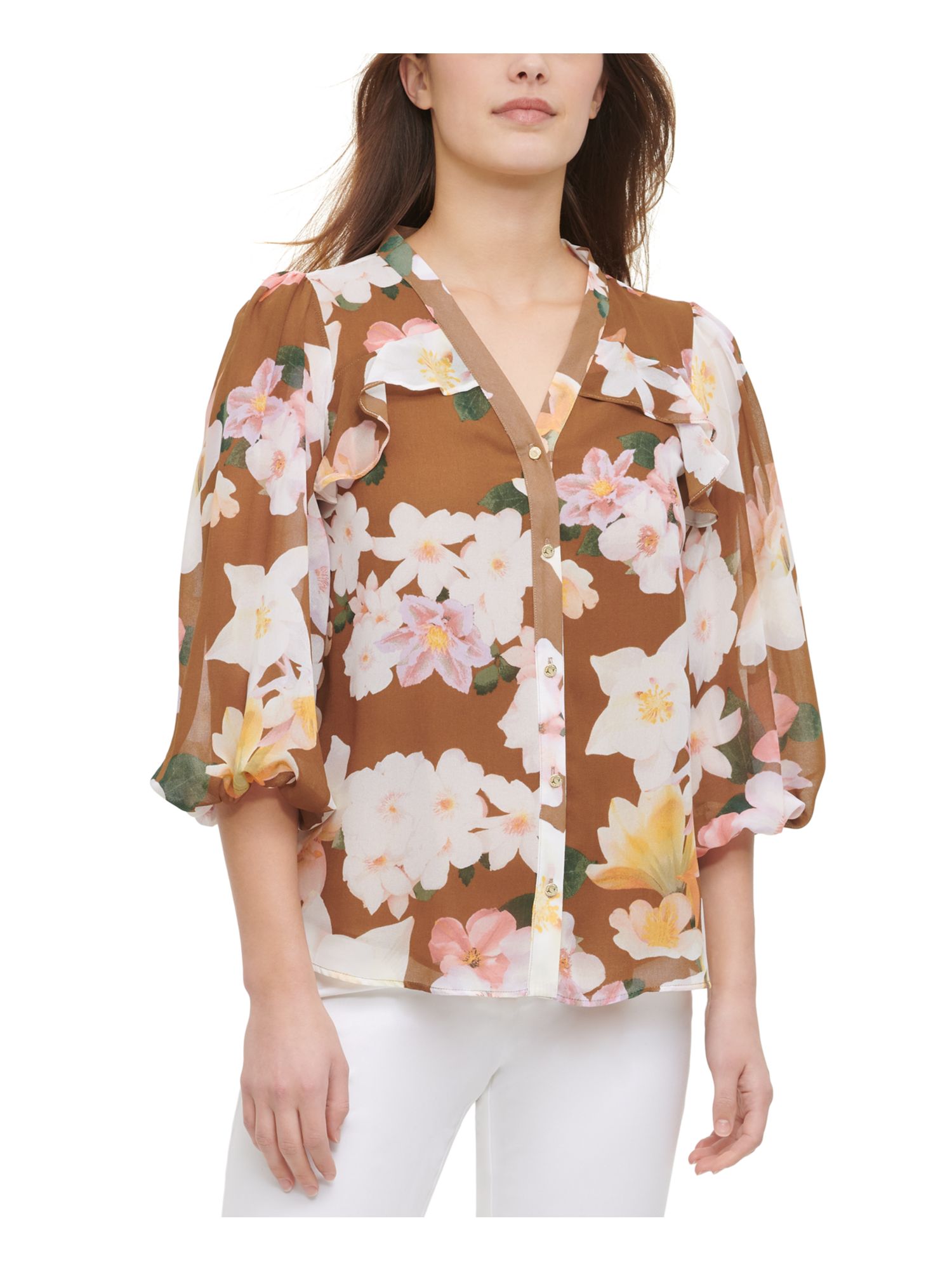 CALVIN KLEIN Womens Beige Ruffled Floral Kimono Sleeve V Neck Hi-Lo Top XS