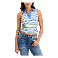 JUST POLLY NEW YORK Womens Ivory Ruched Tie Polo Pullover Ribbed Striped Sleeveless Collared Tank Top Juniors M