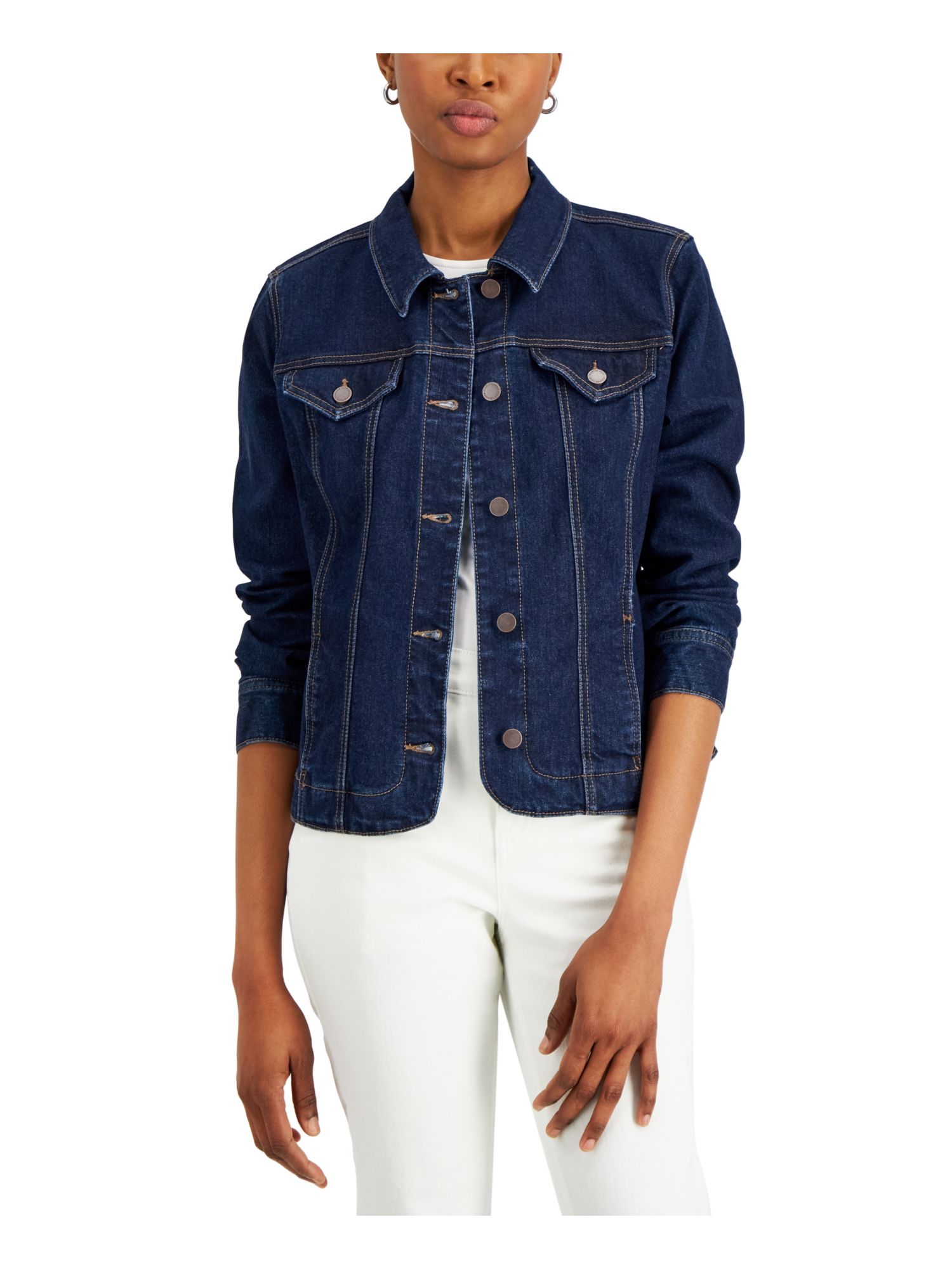 CHARTER CLUB Womens Navy Pocketed Denim Jacket Petites PS