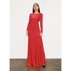DONNA KARAN NEW YORK Womens Red Zippered Ruched Deep V-back Lined Boat Neck Full-Length Evening Gown Dress 2