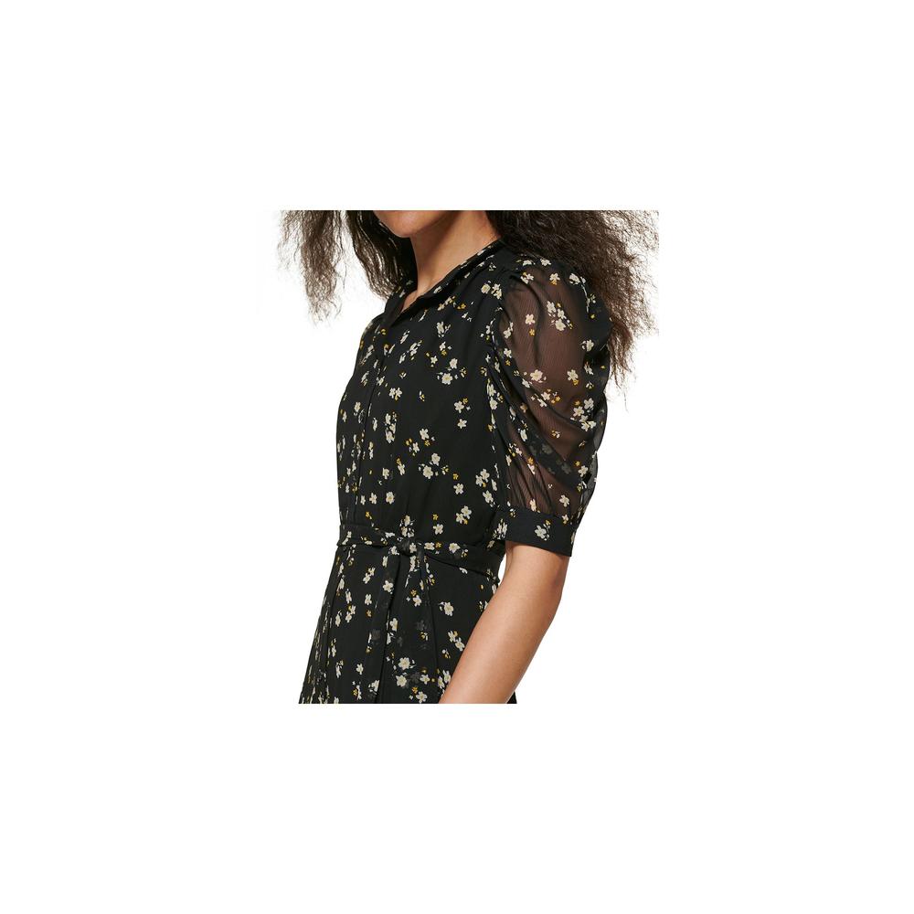 DKNY Womens Black Lined Sheer Tie Belt Slit Floral Pouf Sleeve Collared Midi Shirt Dress 12