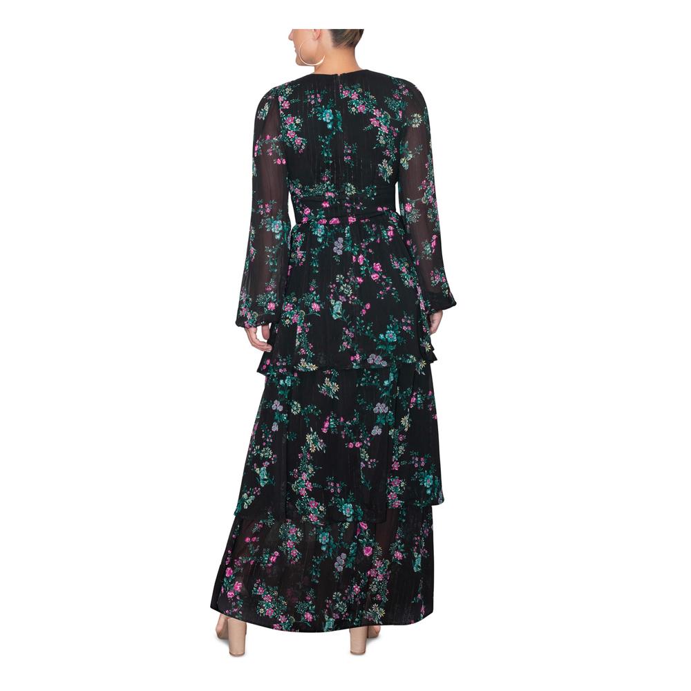 RACHEL RACHEL ROY Womens Black Zippered Lined Tiered Skirt Floral Long Sleeve V Neck Maxi Evening Sheath Dress 0