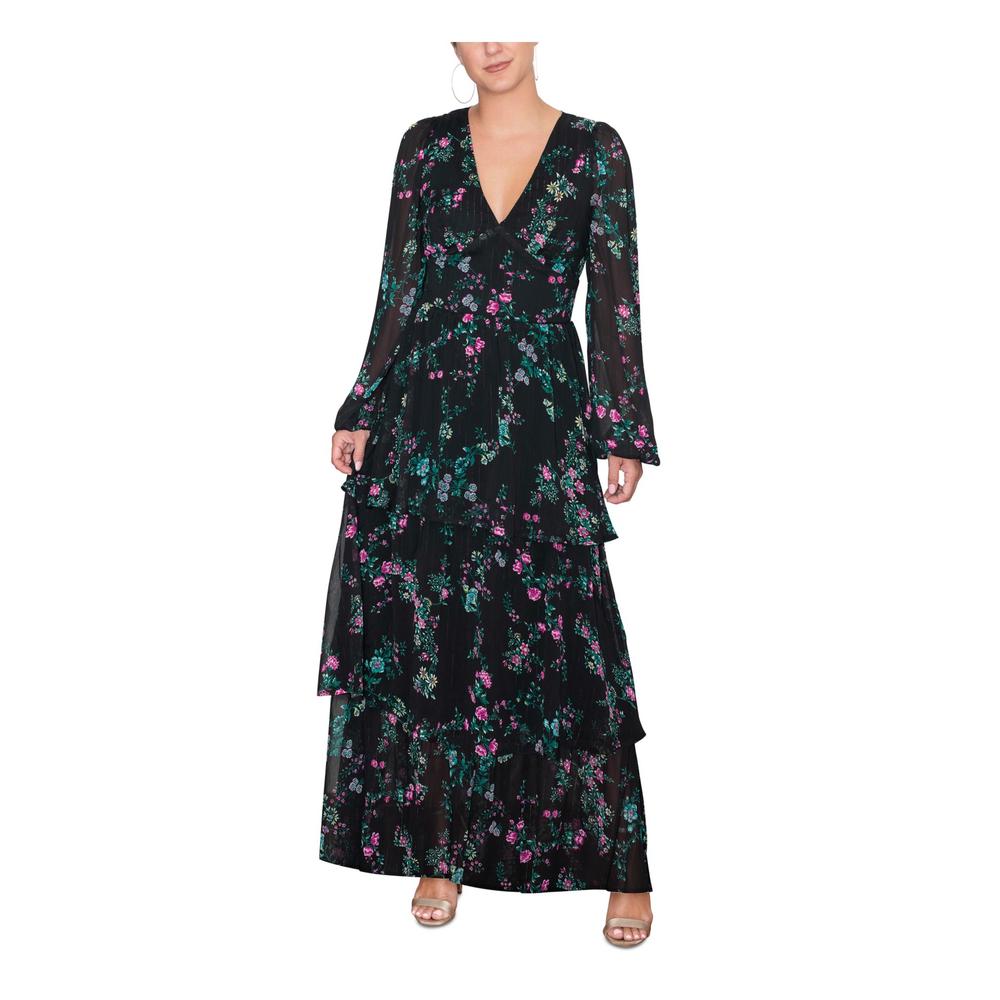 RACHEL RACHEL ROY Womens Black Zippered Lined Tiered Skirt Floral Long Sleeve V Neck Maxi Evening Sheath Dress 0