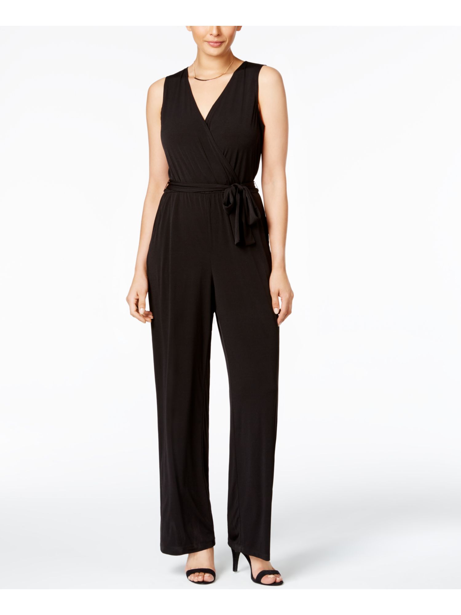 NY COLLECTION PETITE Womens Black Ruched Tie Evening Jumpsuit Petites PXS