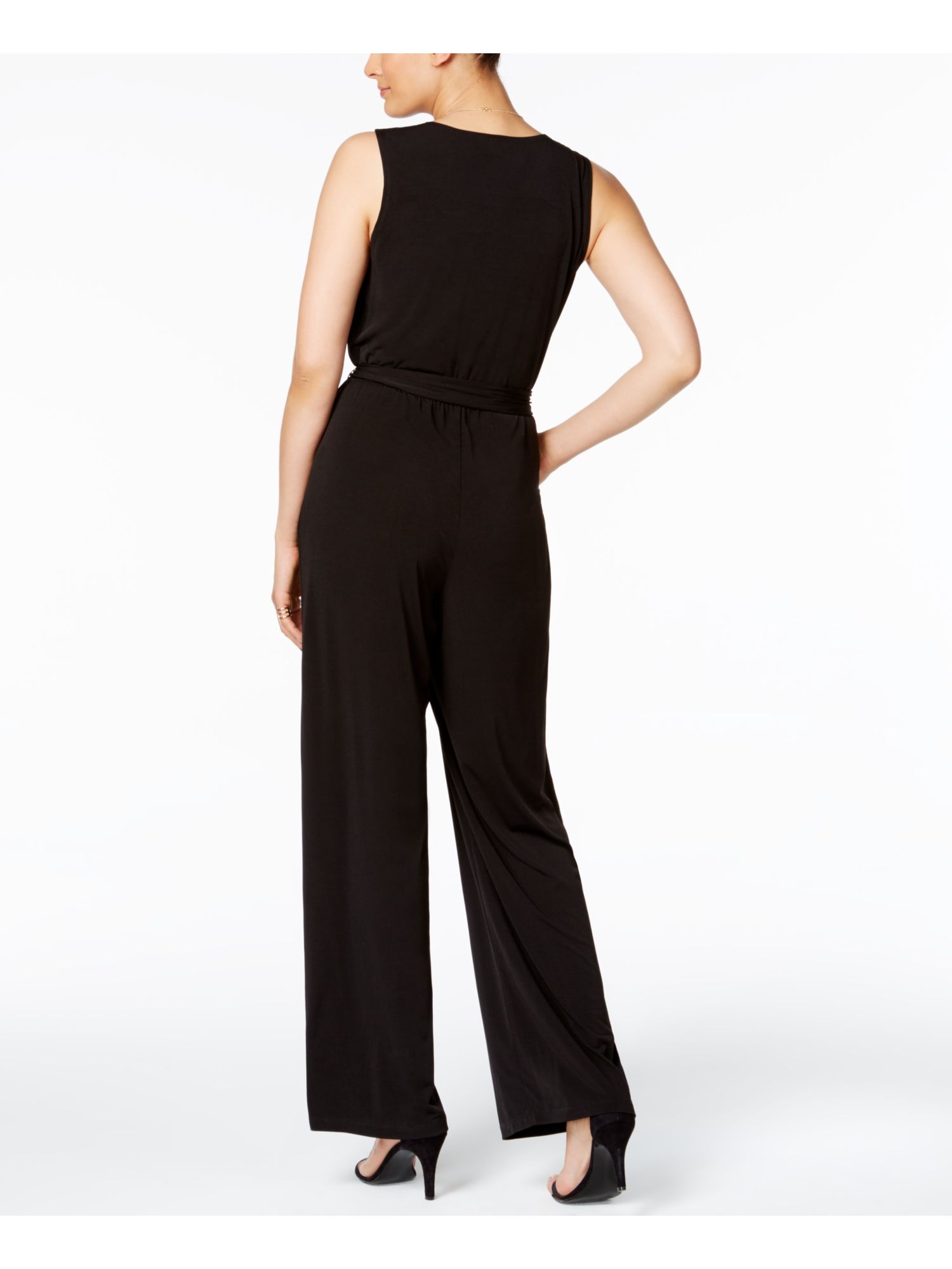 NY COLLECTION PETITE Womens Black Ruched Tie Evening Jumpsuit Petites PXS