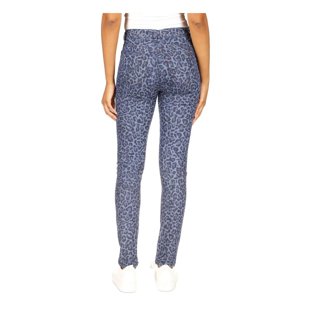 MICHAEL KORS Womens Blue Zippered Pocketed Button Closure Animal Print Skinny Jeans Petites 14P
