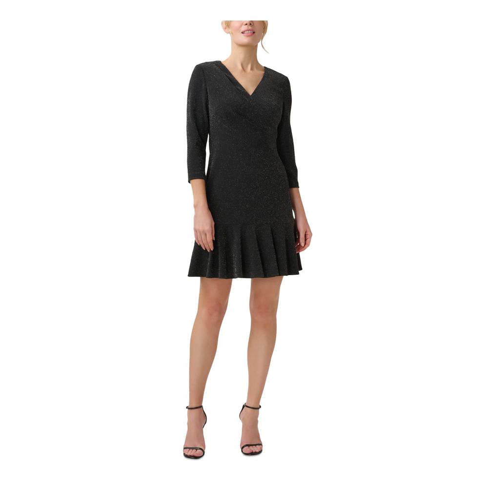 ADRIANNA PAPELL Womens Black Glitter Zippered Lined Elbow Sleeve V Neck Above The Knee Party Shift Dress 10
