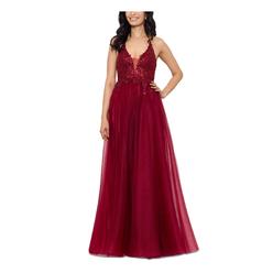 BLONDIE NITES Womens Red Sequined Zippered Lined Sleeveless V Neck Full-Length Prom Gown Dress Juniors 5