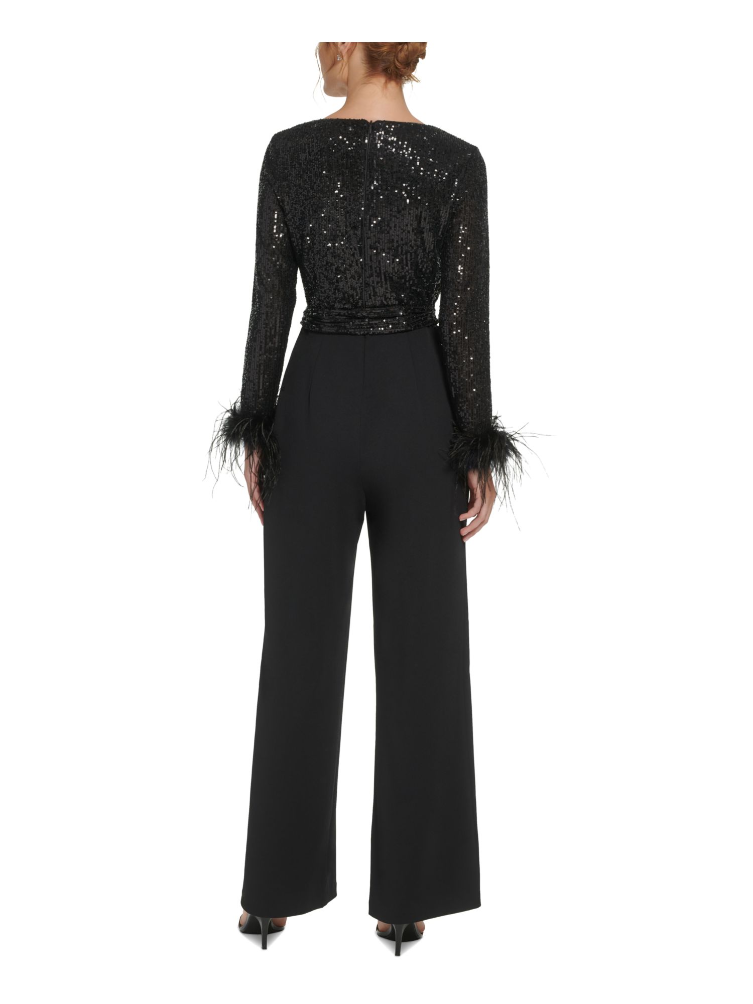 ELIZA J Womens Black Sequined Zippered Feather Cuffs Tie-Belt Long Sleeve V Neck Cocktail Straight leg Jumpsuit 4