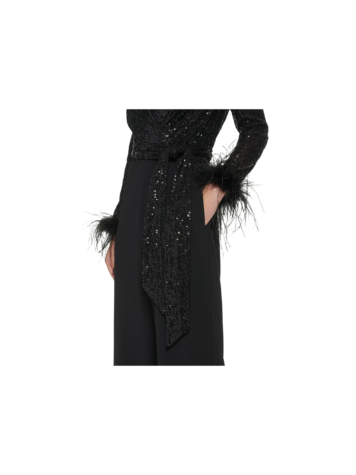 ELIZA J Womens Black Sequined Zippered Feather Cuffs Tie-Belt Long Sleeve V Neck Cocktail Straight leg Jumpsuit 4