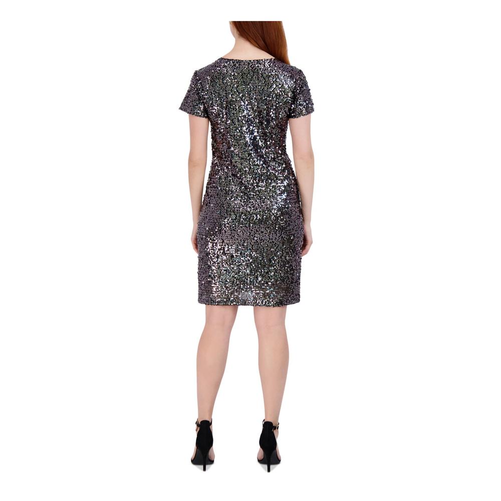 SIGNATURE BY ROBBIE BEE Womens Black Sequined Lined Short Sleeve V Neck Above The Knee Party Sheath Dress Petites PS