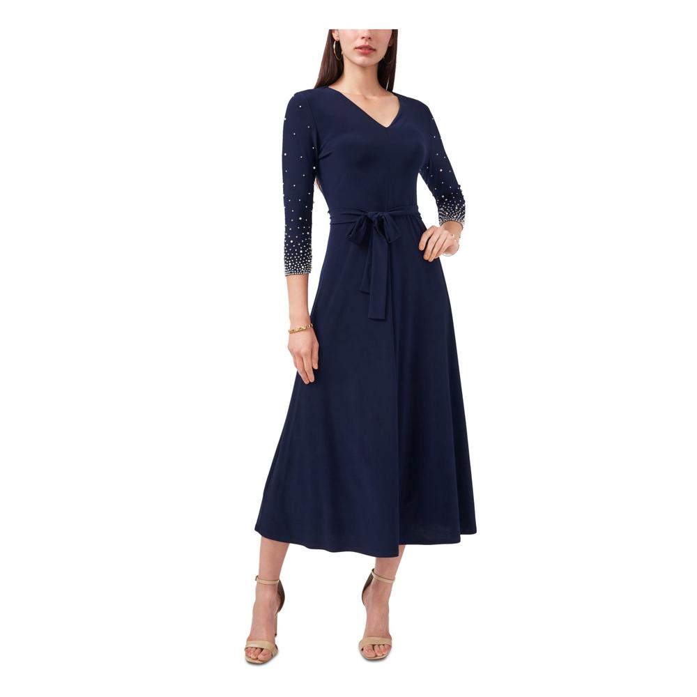 MSK Womens Navy Stretch Beaded Belted Jersey Knit Pullover Unlined 3/4 Sleeve V Neck Midi Fit + Flare Dress M