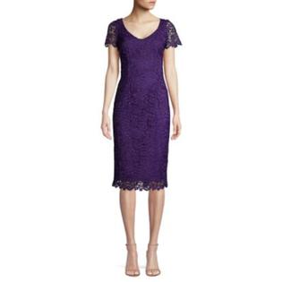 Trina TURK Womens Purple Lace Floral Short Sleeve V Neck Knee Length Party Sheath Dress 2 Trina TURK Womens Purple Lace Floral Short Sleeve V Neck Knee Length Party Sheath Dress 2