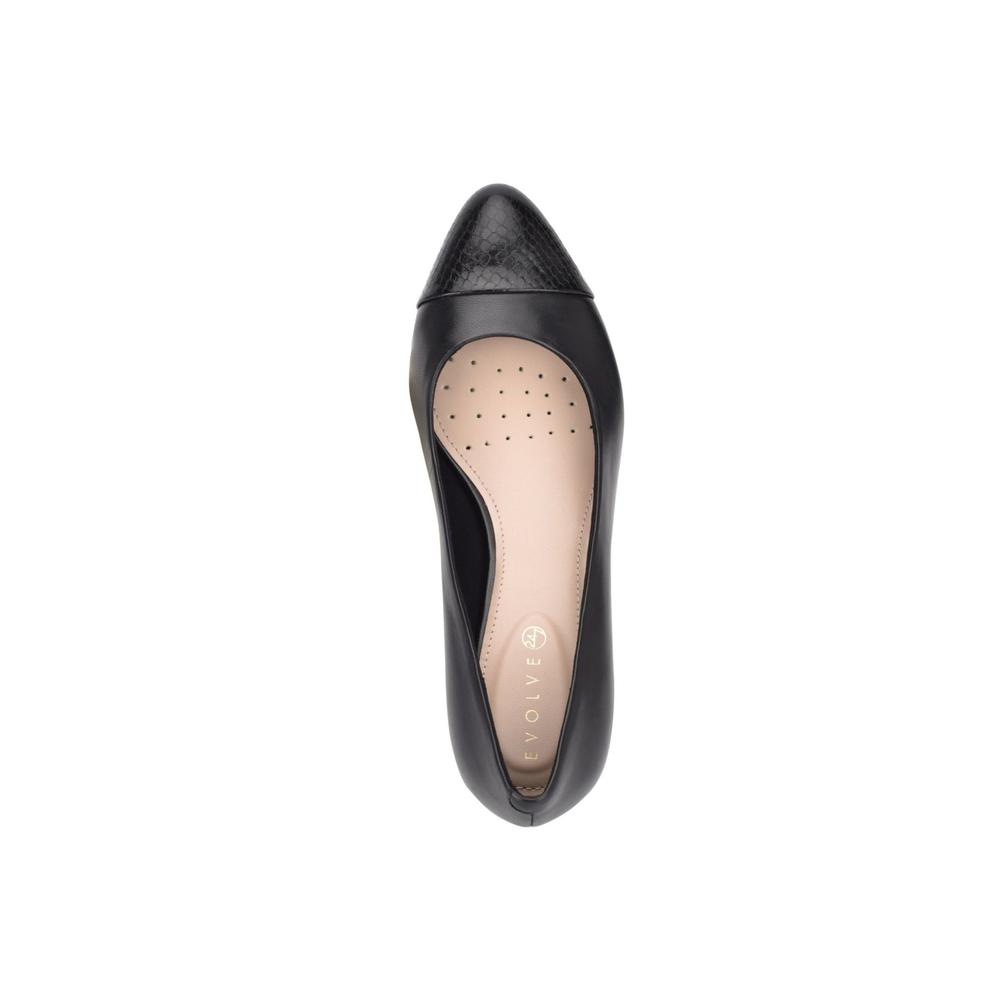 EVOLVE Womens Black Snakeskin Toe Cap Cushioned Comfort Rainie Almond Toe Block Heel Slip On Leather Pumps Shoes 8.5 M