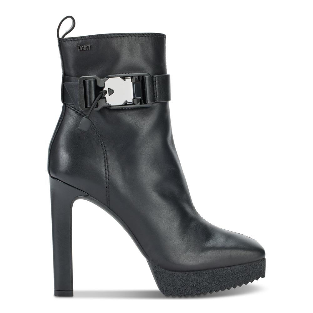 DKNY Womens Black 1 Inch Platform Pull Tab Buckle Accent Zana Square Toe Block Heel Zip-Up Leather Dress Booties 5.5 M