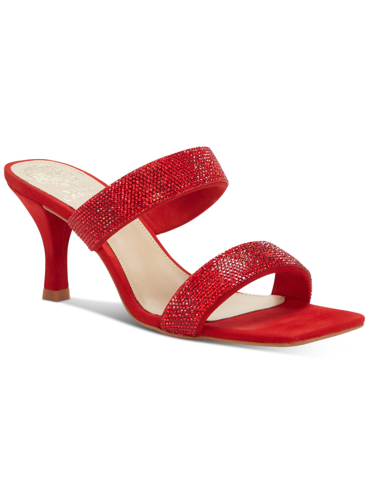 VINCE CAMUTO Womens Red Embellished Cushioned Aslee Square Toe Sculpted Heel Slip On Leather Dress Heeled Sandal 6 M