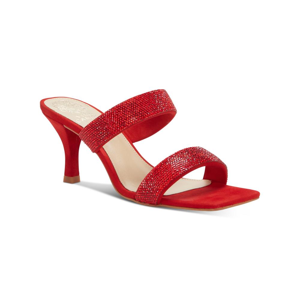 VINCE CAMUTO Womens Red Embellished Cushioned Aslee Square Toe Sculpted Heel Slip On Leather Dress Heeled Sandal 6 M
