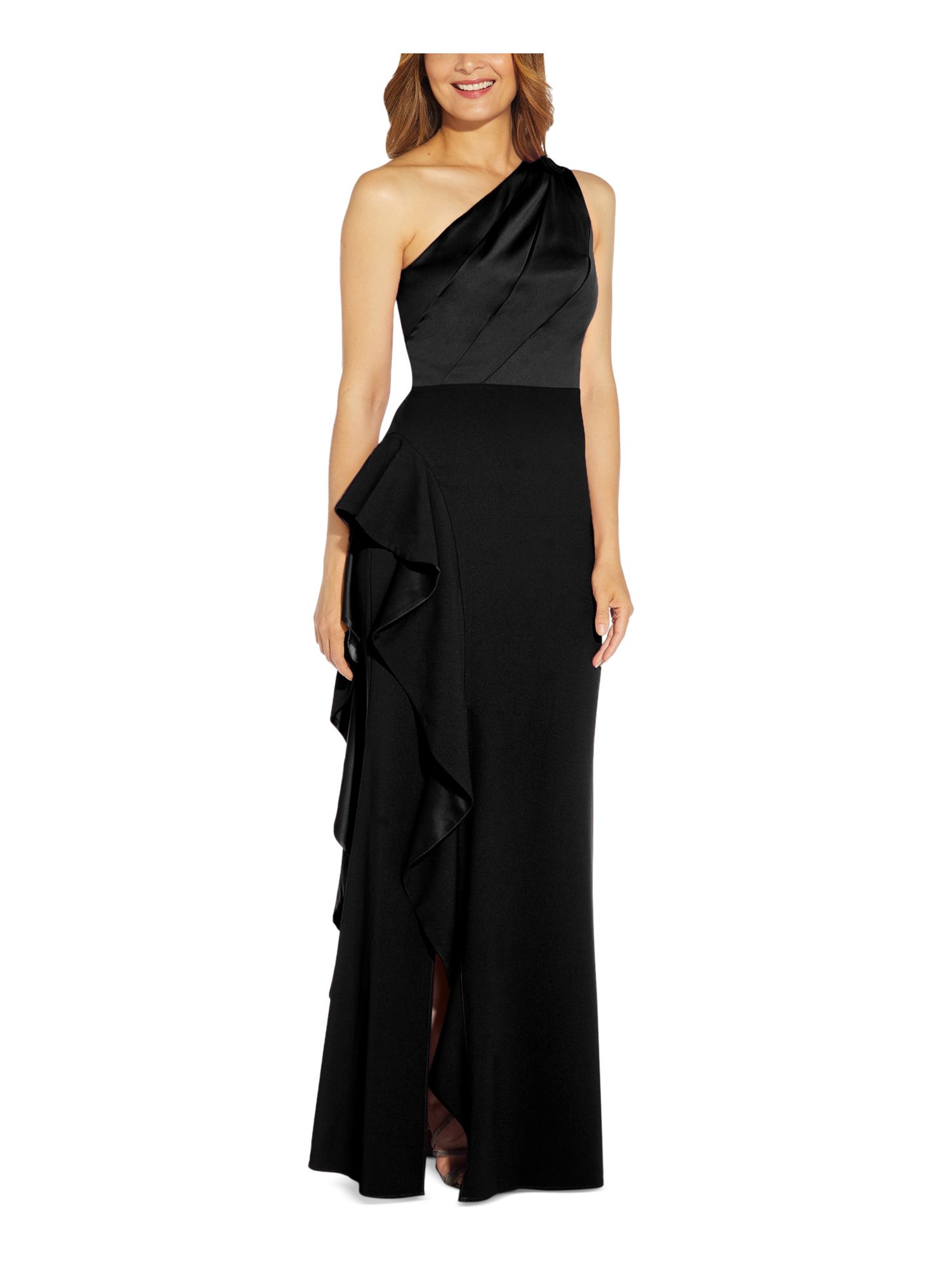 ADRIANNA PAPELL Womens Black Fitted Satin Cascading Side Ruffle Dress 14