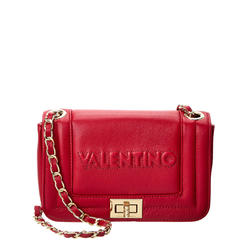 VALENTINO Women's Red Solid Chain Embossed Logo Double Flat Strap Shoulder Bag