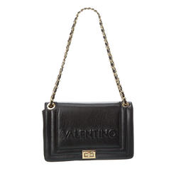 VALENTINO Women's Black Solid Chain Embossed Logo Double Flat Strap Shoulder Bag