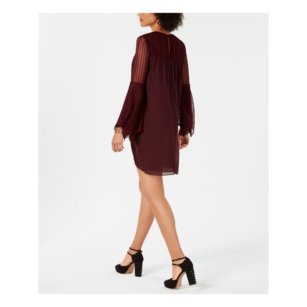 AVEC LES FILLES Womens Burgundy Lace Sleeve Bell Sleeve V Neck Mini Party Shift Dress 2