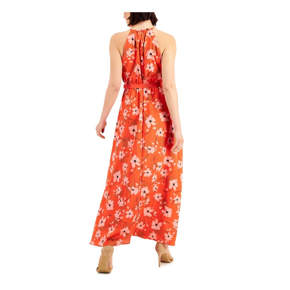 DONNA KARAN NEW YORK Womens Orange Belted Keyholes Elastic Waist Pullover Floral Sleeveless Halter Maxi Fit + Flare Dress 10