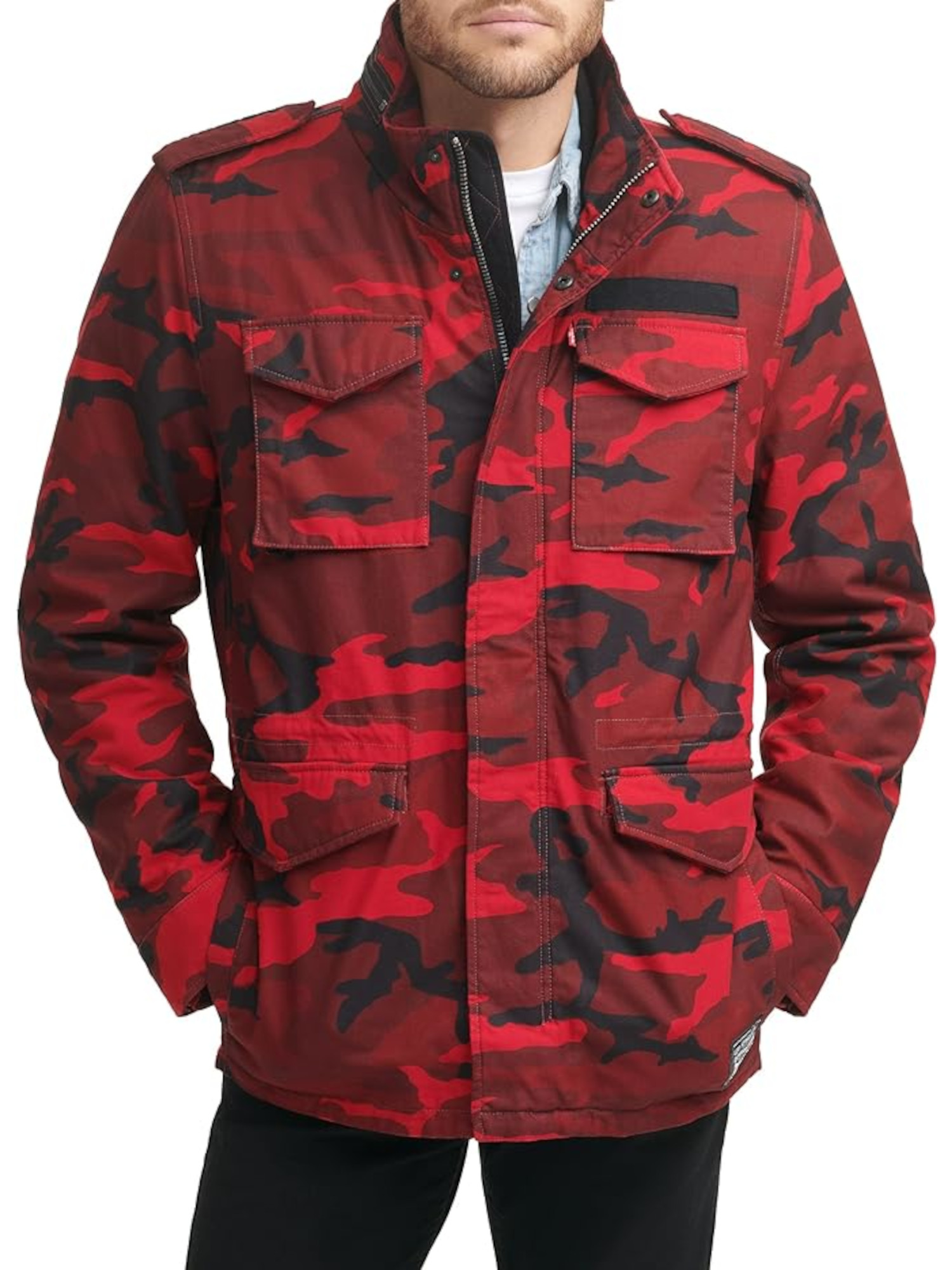LEVI STRAUSS & CO Mens Red Faux Sherpa Lining, Camouflage Military Jacket XL