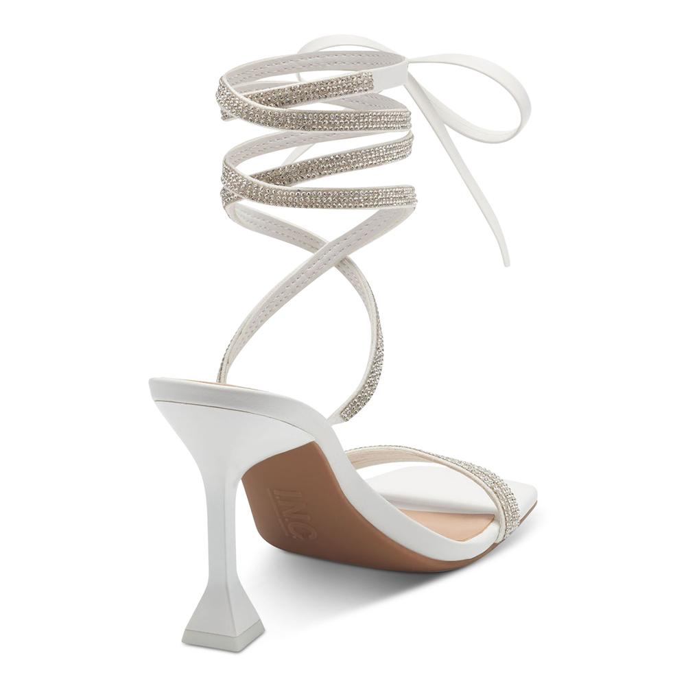 International Concepts INC Womens White Tie Straps Rhinestone Padded Bradki Open Toe Sculpted Heel Lace-Up Dress Heeled Sandal 9.5 M
