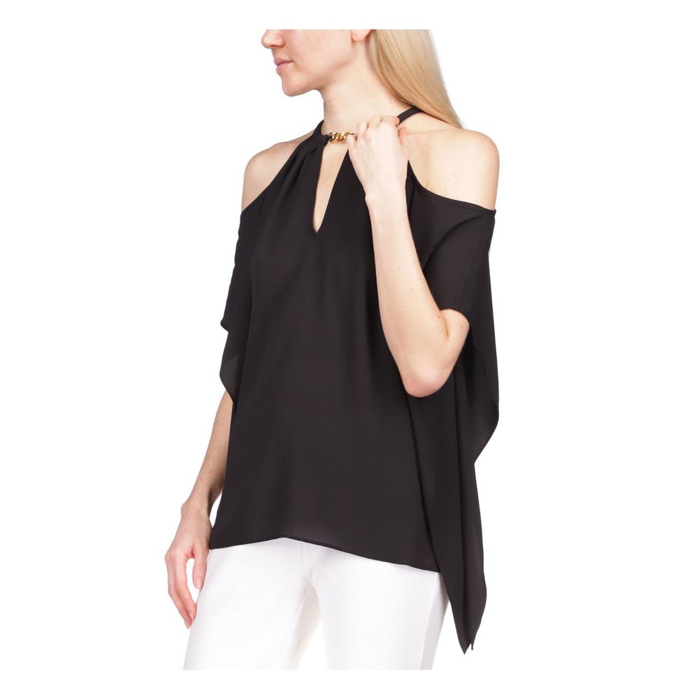Michael Kors MICHAEL MICHAEL KORS Womens Black Cut Out Cold Shoulder Handkerchief Hem Elbow Sleeve Round Neck Top XS