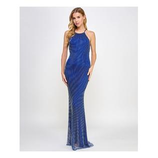 B Darlin Womens Embellished Sleeveless Halter Full-Length Formal Gown Dress 1/2 / Blue B Darlin Womens Embellished Sleeveless Halter Full-Length Formal Gown Dress 1/2 / Blue