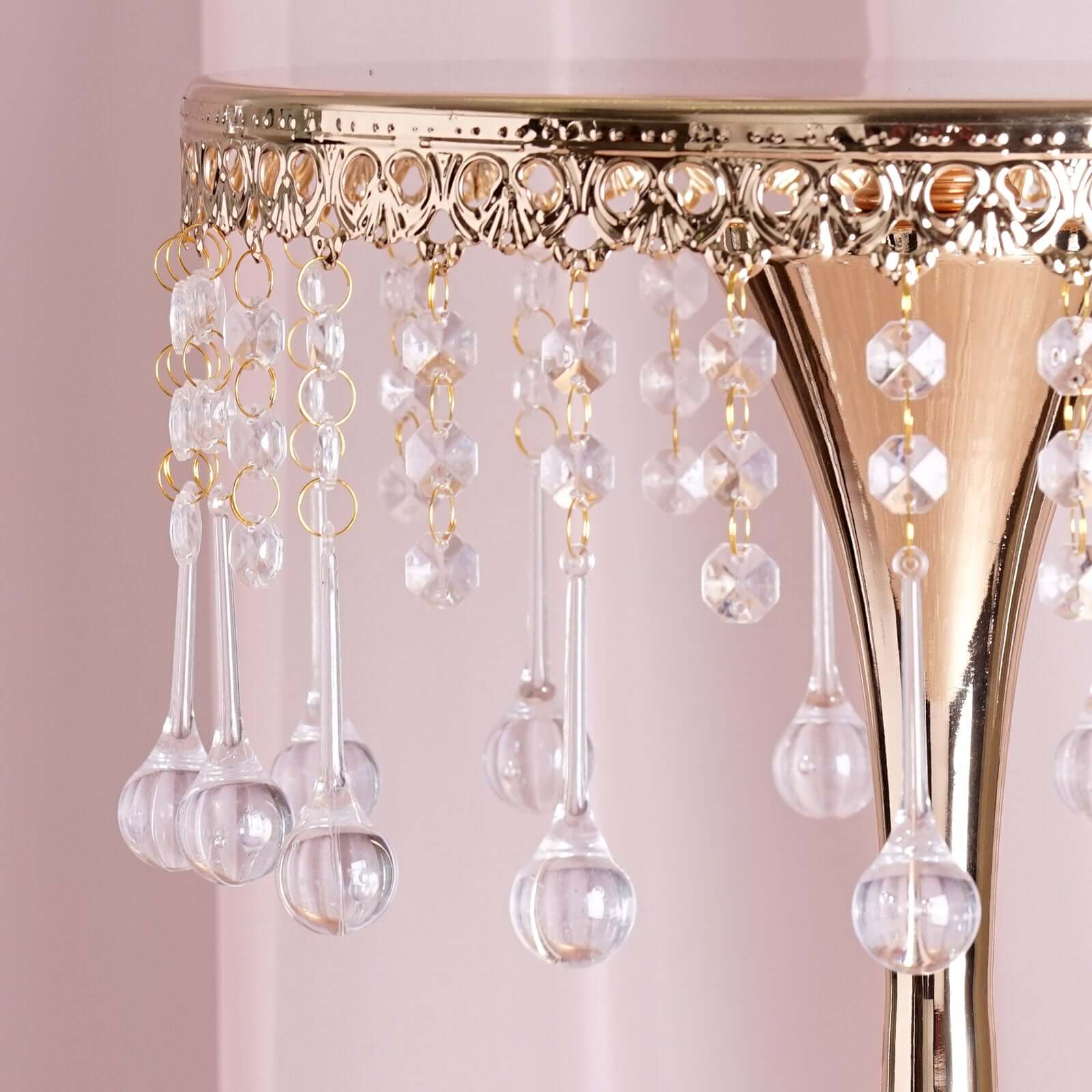 Efavormart Tall Metallic Trumpet Cake Riser Centerpiece With Hanging Efavormart Tall Metallic Trumpet Cake Riser Centerpiece With Hanging Acrylic Crystal Chains Wedding Birthday Dessert Stand