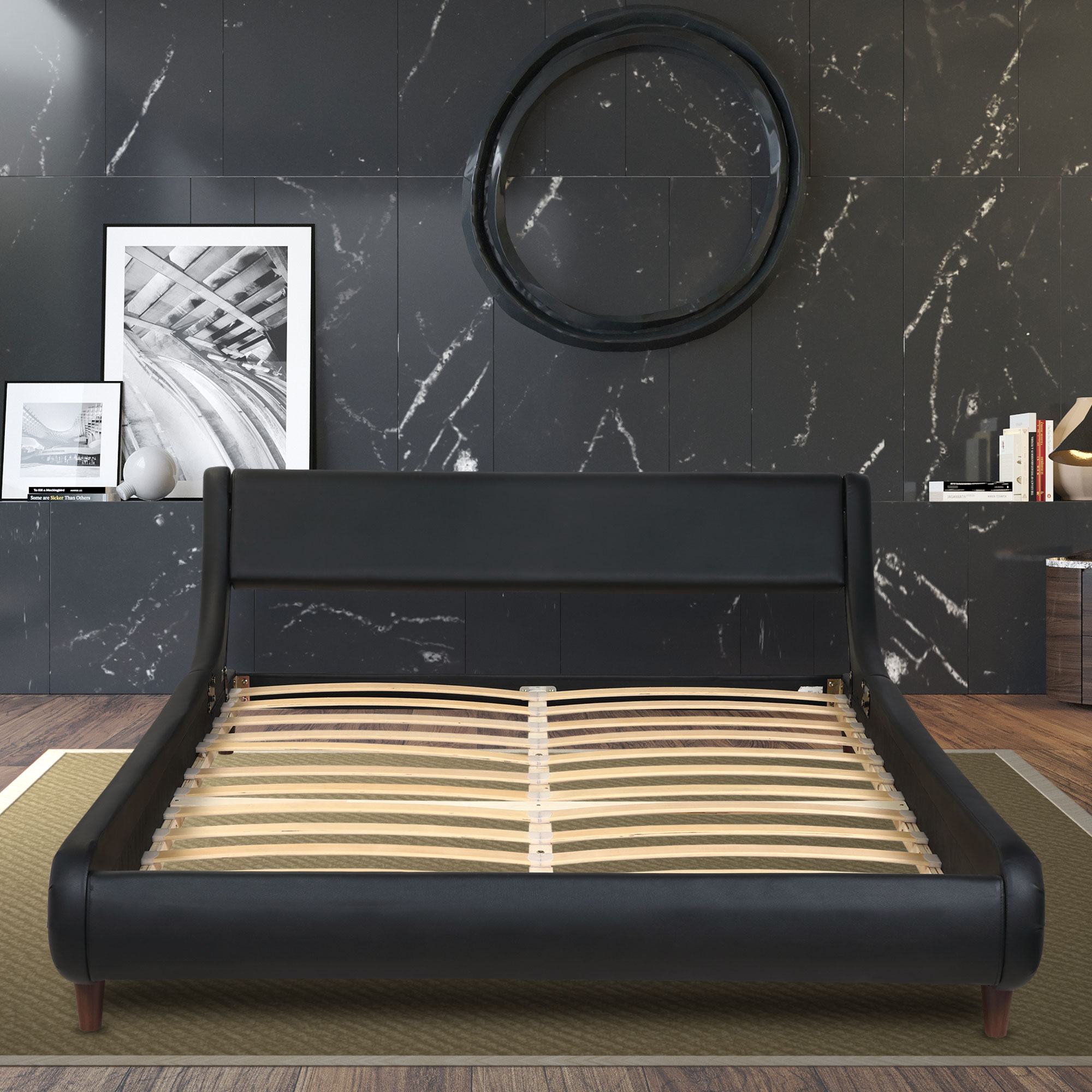 Jaxpety Modern Upholstered Bed Frame, Wood And Leather Headboard