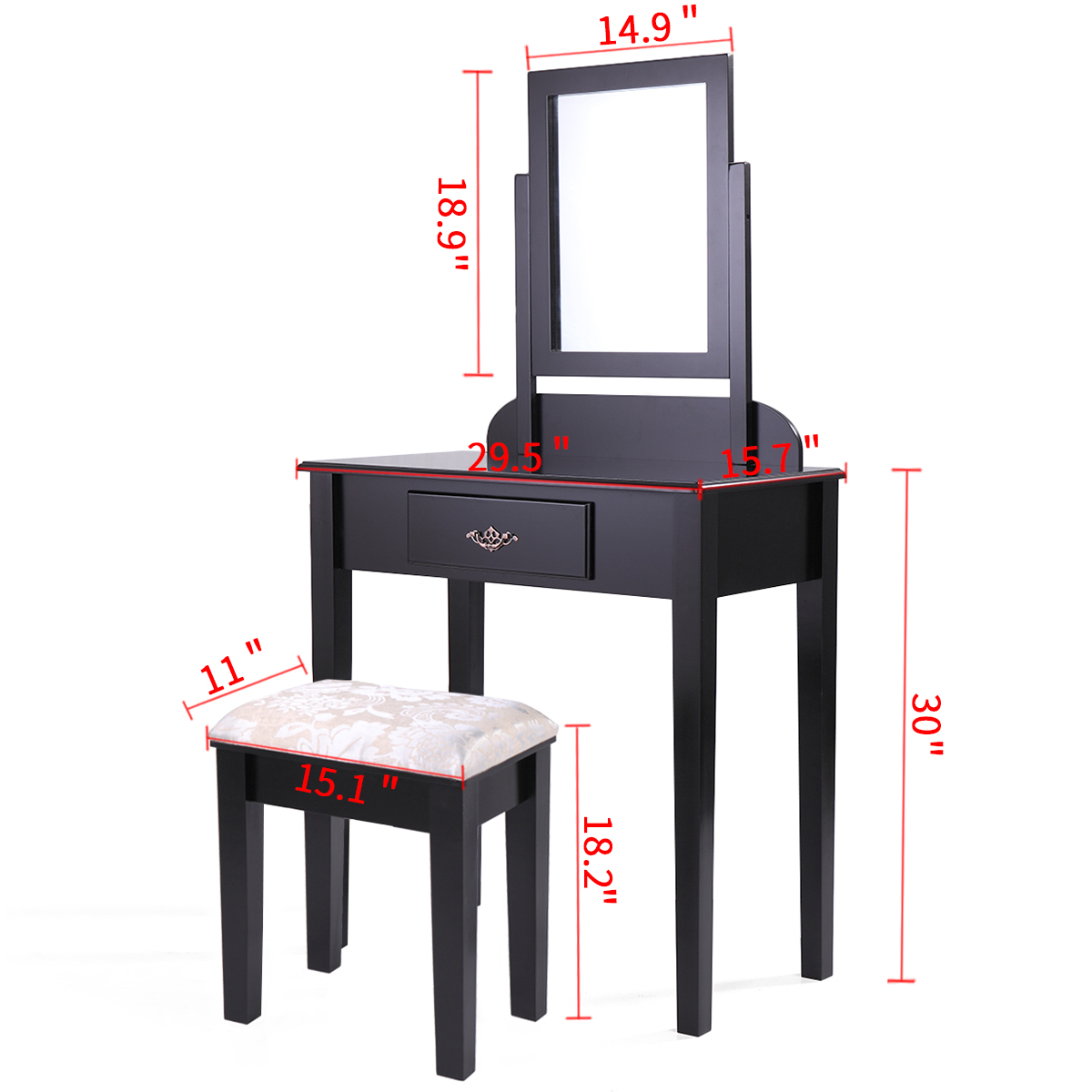 JAXPETY Black Wood Makeup Vanity Set Dressing Table Furniture with Rotating Rectangular Mirror & Drawer for Bedroom & Bathroom