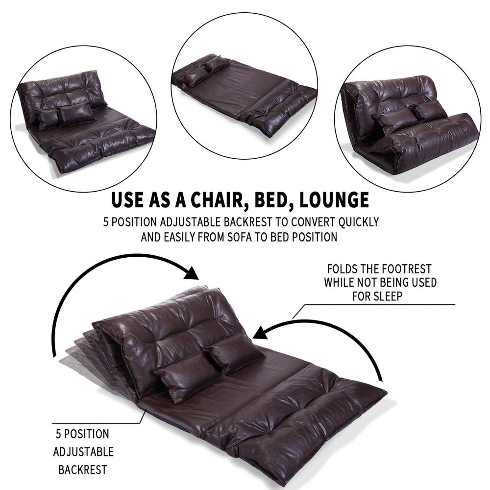 JAXPETY Adjustable Folding Floor Sofa Bed, Faux-Leather Lounge Chaise, Love Seat w/ 2 Pillows, 5 Reclining Positions