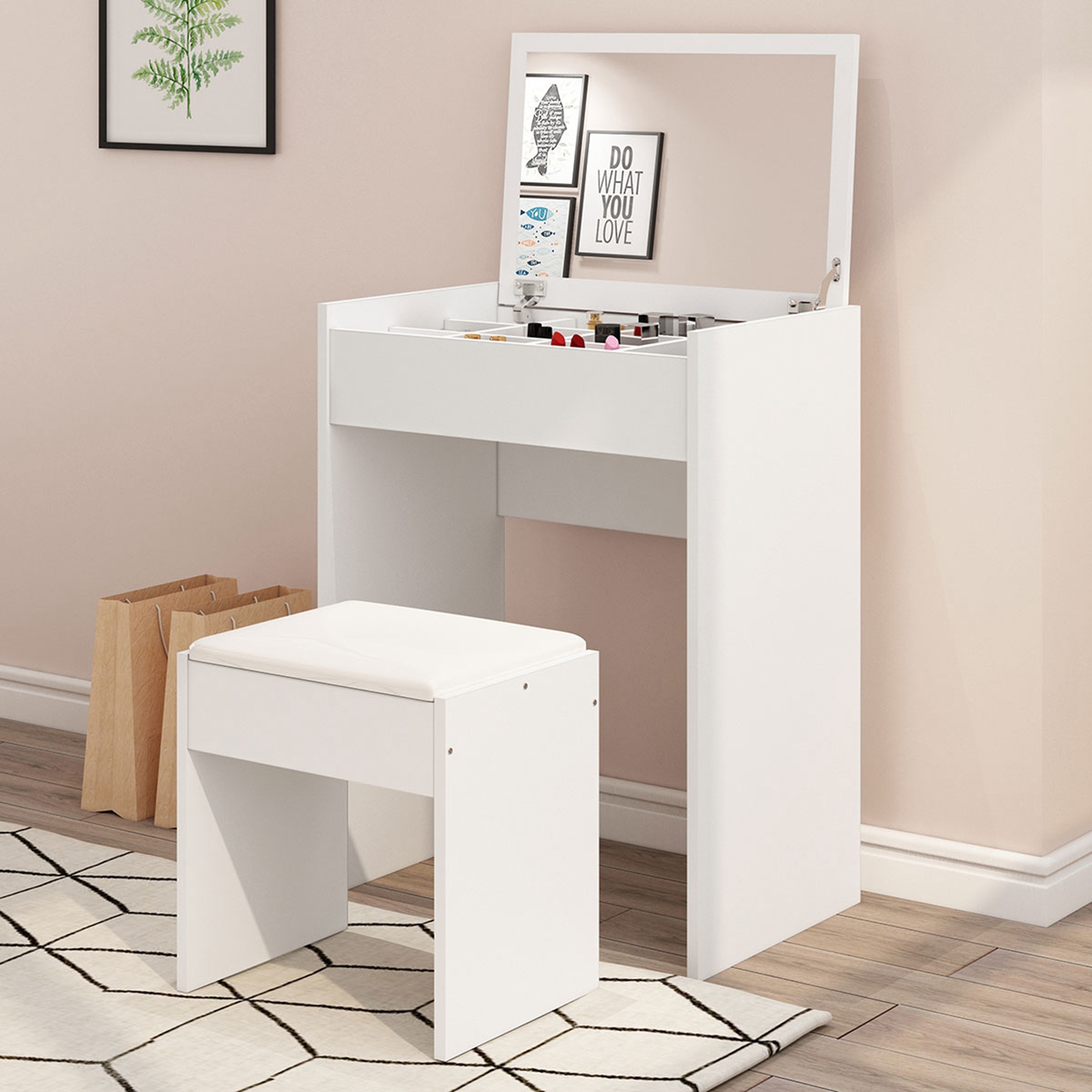 Jaxpety Small Modern Dressing Table Set, Small Bedroom Vanity With Storage