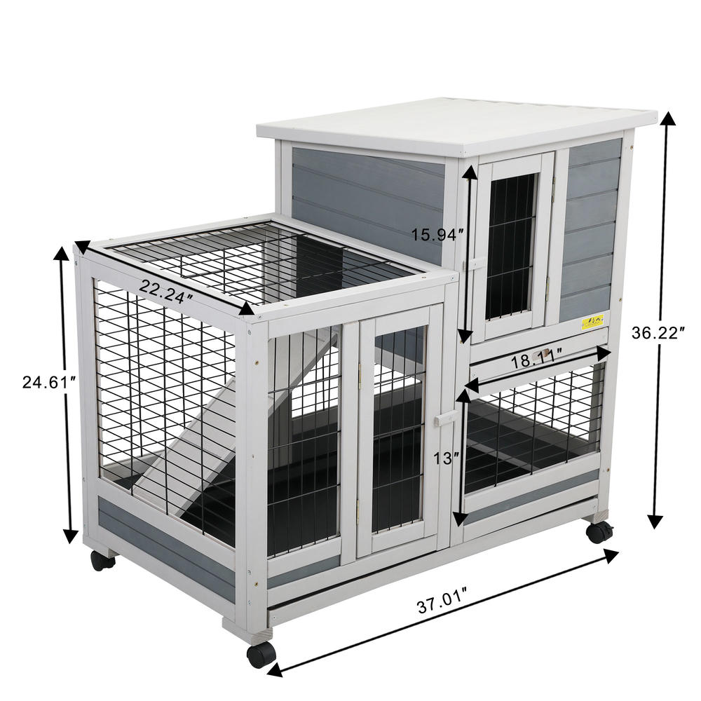 COZIWOW Rabbit Hutch, Outdoor Wooden Pet Bunny House Wooden Cage Pet Shelter with Gridding Fence, Openable Door, Ramp,Cleaning Tray