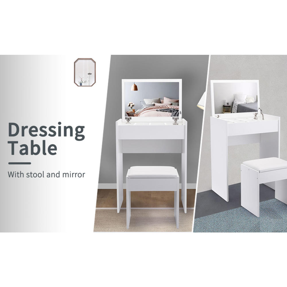 JAXPETY Small Modern Dressing Table Set W/Flip-up Mirror Top,Bedroom Makeup Vanity Desk W/Storage Compartment & Stool