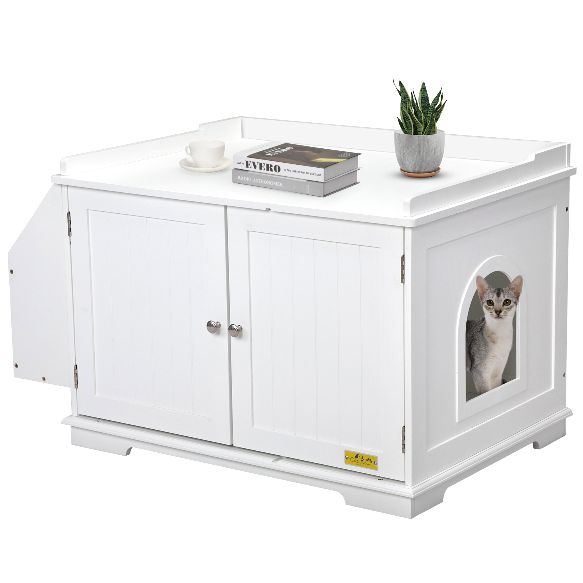COZIWOW Multifunctional Cat House Litter Box Enclosure Kitty Washroom Storage Cabinet W/Magazine Rack